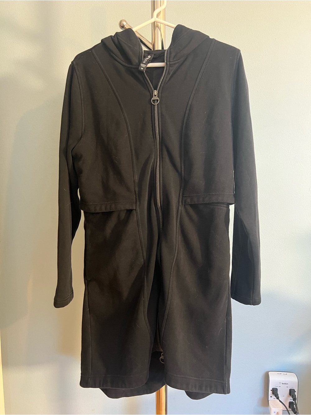 Athleta Black Hooded Long Hoodie/Trench with Front Zip